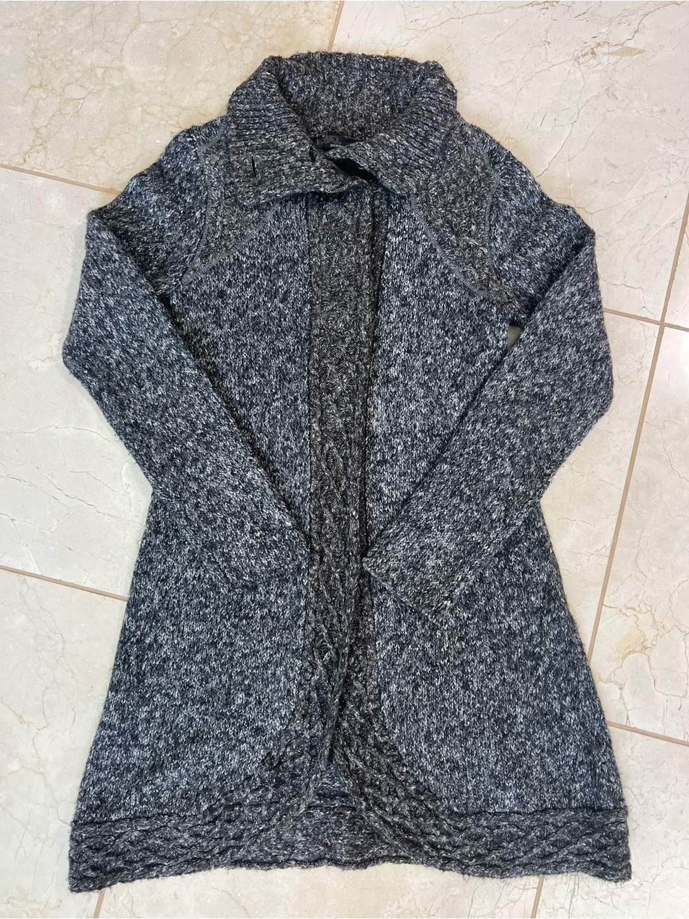 prAna Angelica Duster Sweater Cardigan Small Gray Cable Knit Long Mock Neck S